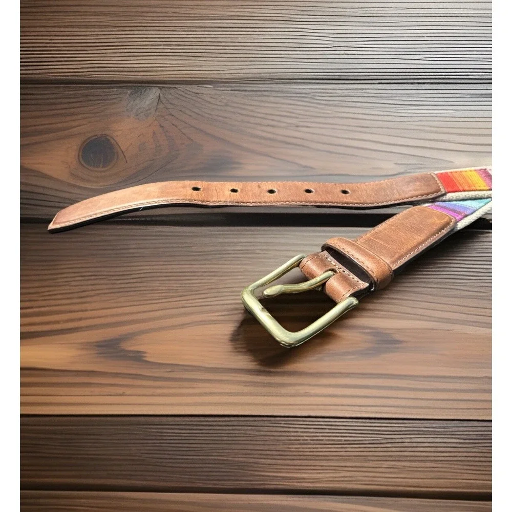 Duluth Trading Co Leather & Fabric Belt Men's Size 48 Brown Striped‎